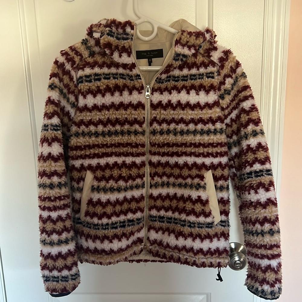 Rag & Bone New York Ivory multi fair isle sherpa hoodie size XS